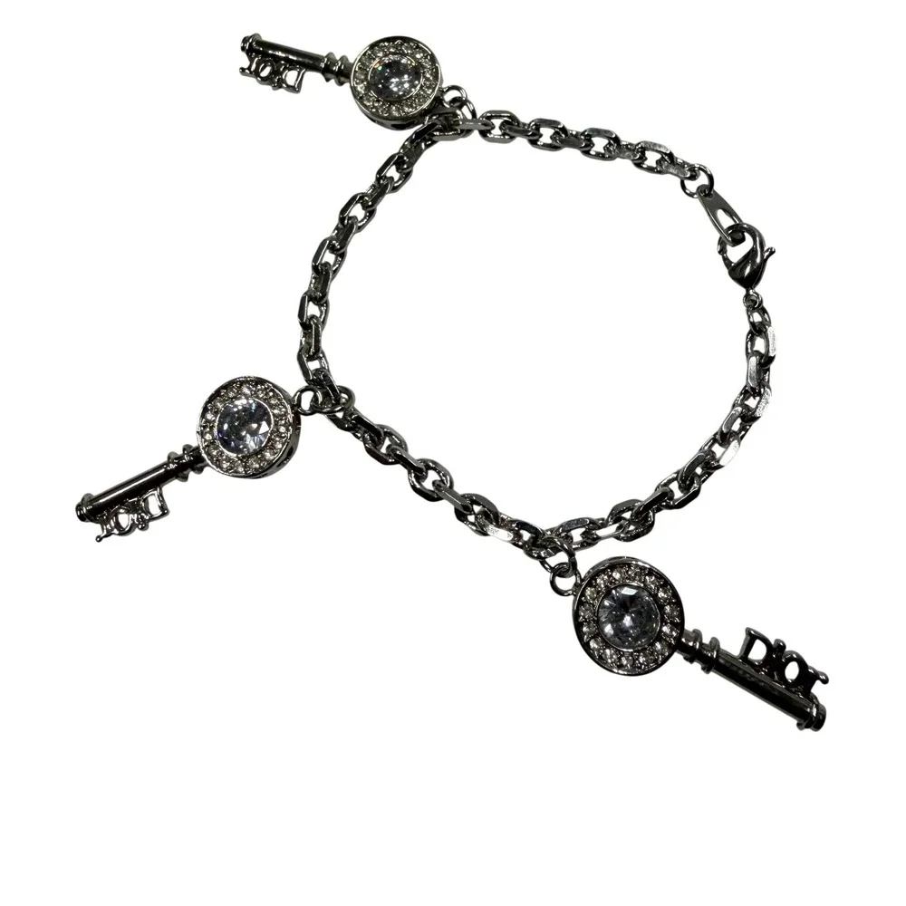 Christian Dior Silver Tone Key Charm Bracelet Crystal Logo Jewelry